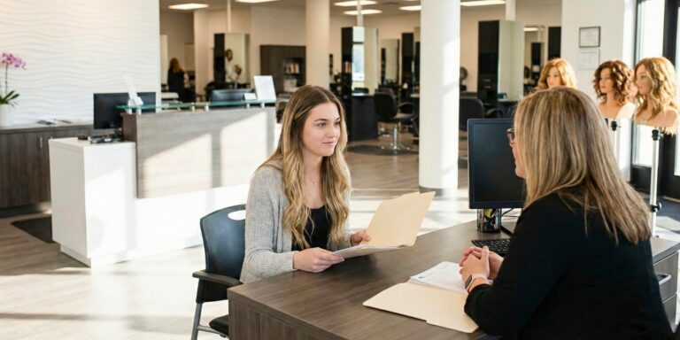 A prospective student with a folder discusses enrollment requirements with an admissions officer in a beauty school lobby.