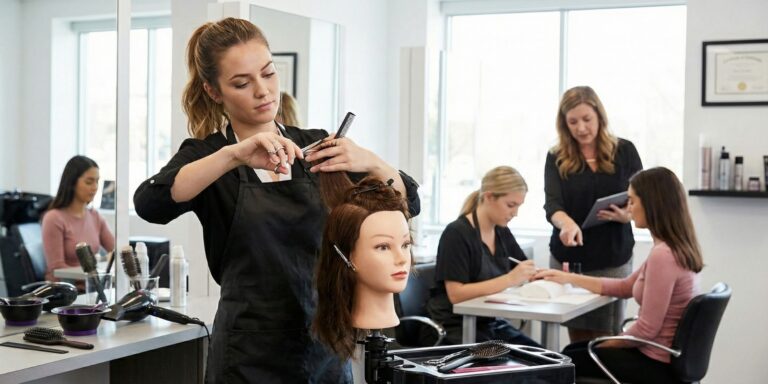 A cosmetology student focusing on cutting hair on a mannequin head during hands-on training at a modern beauty school salon, with an instructor supervising in the background.