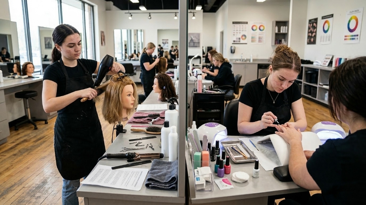A high-quality realistic photo of a beauty school training studio featuring two students: one practicing hair styling on a mannequin and the other performing a professional manicure at a specialized station.
