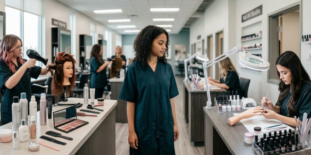 A high-resolution shot of a modern beauty academy classroom where a student stands in the center, looking between a hair styling station on the left and a professional nail technician desk on the right. The image captures the decision-making process between general beauty and specialized nail programs without any visible branding.