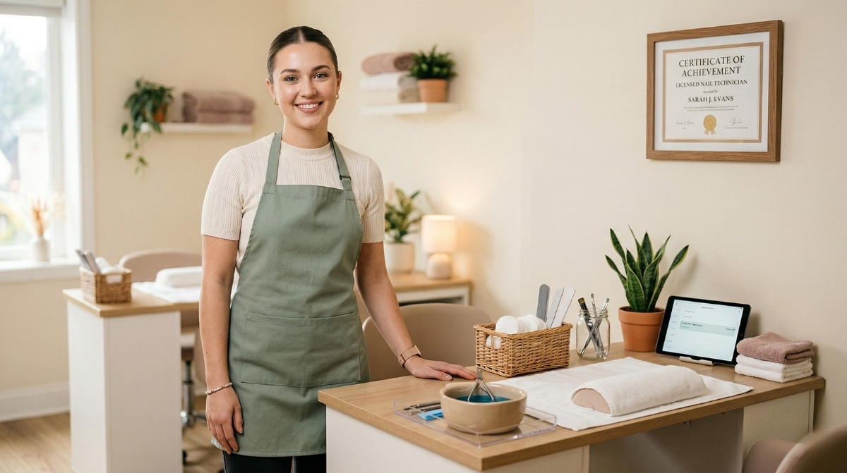 A smiling female nail technician in a sage green apron standing beside a tidy, professional manicure station. The bright boutique salon features warm neutral decor, a framed certificate on the wall, and organized sanitation tools.