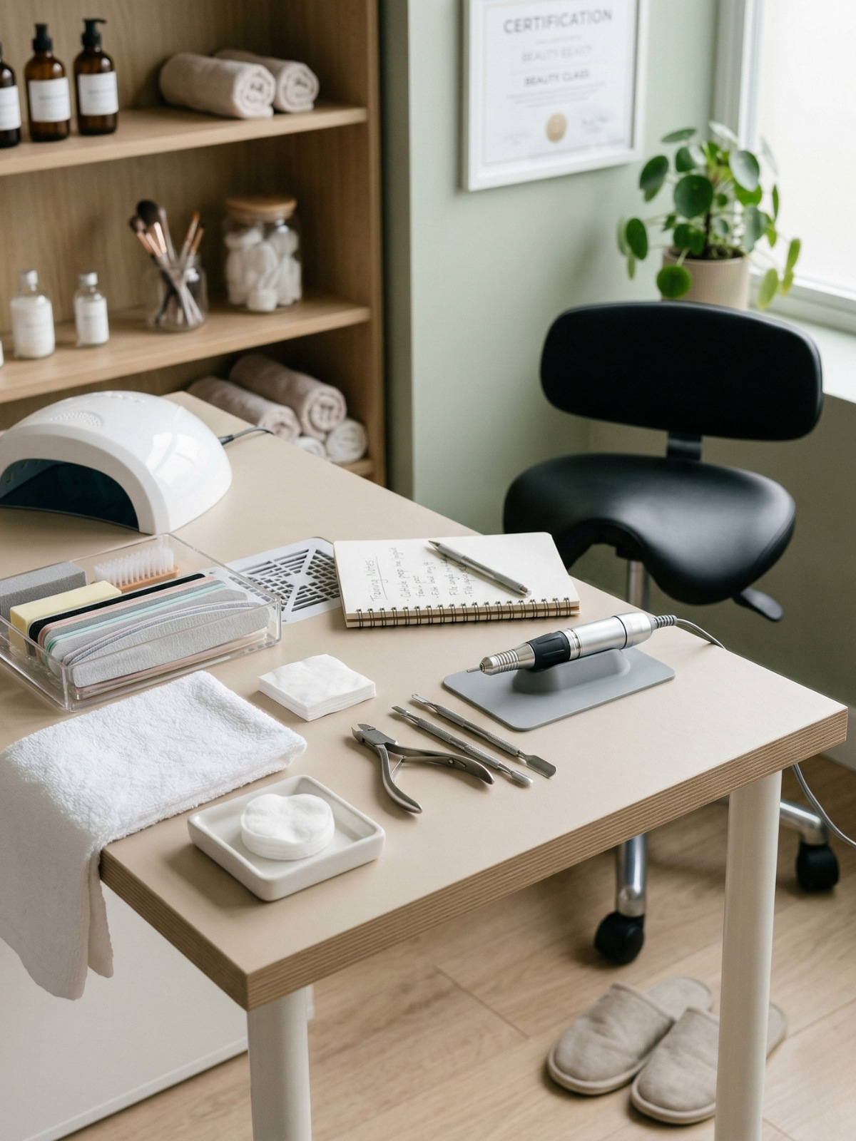 Professional nail technician workstation featuring stainless steel tools, an e-file, and a UV lamp on a clean beige table.