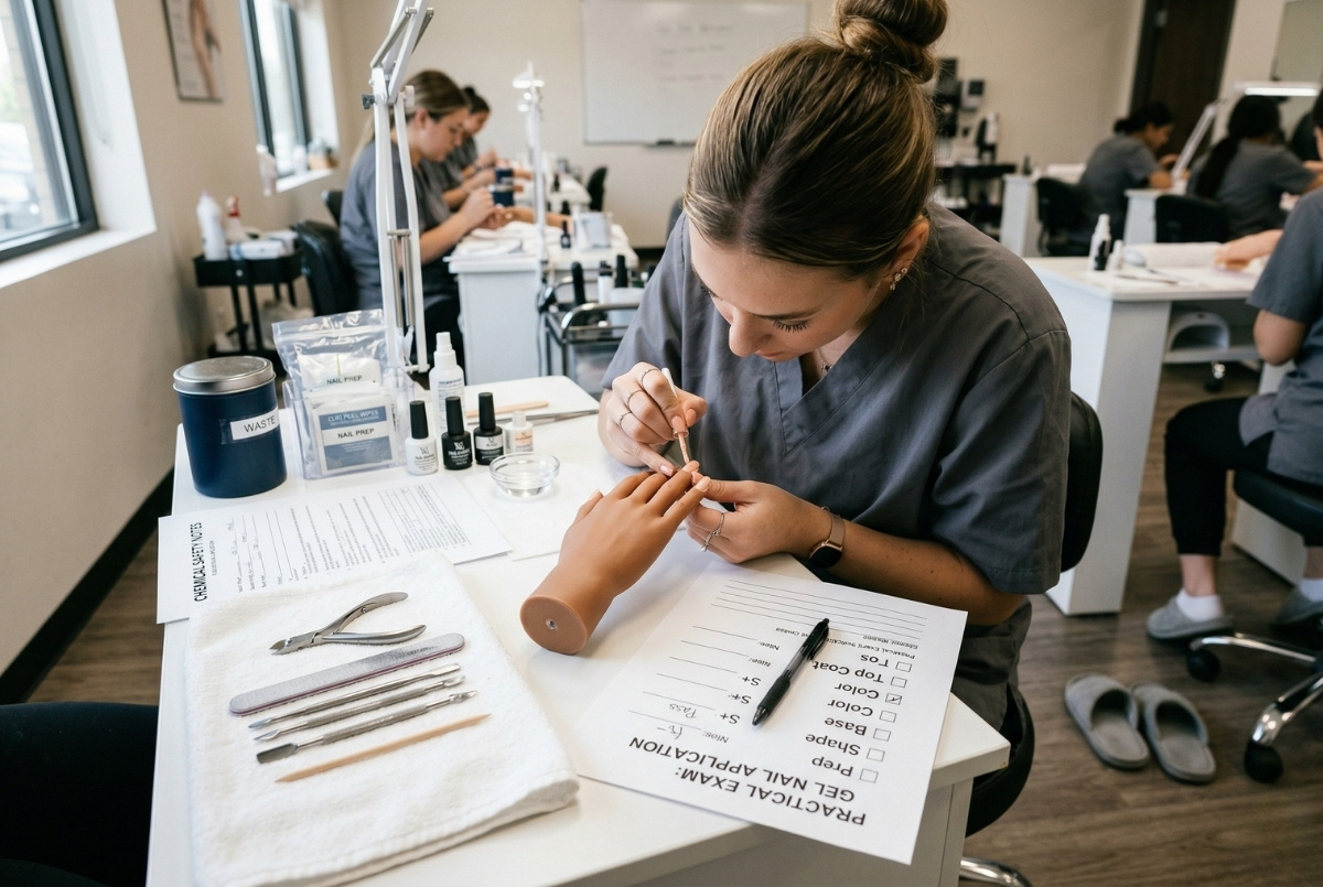 A nail technician student in a gray uniform carefully applying gel to a practice hand at a clean workstation, featuring an exam checklist, sanitized stainless steel tools on a towel, and chemical safety notes in a professional training salon.