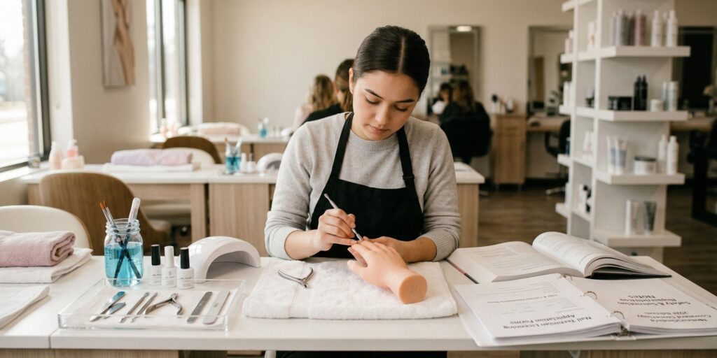 A focused nail technician student in a black apron working on a practice hand at a clean, professional workstation with sanitized tools and licensing study materials in a bright beauty school.