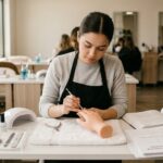 A focused nail technician student in a black apron working on a practice hand at a clean, professional workstation with sanitized tools and licensing study materials in a bright beauty school.