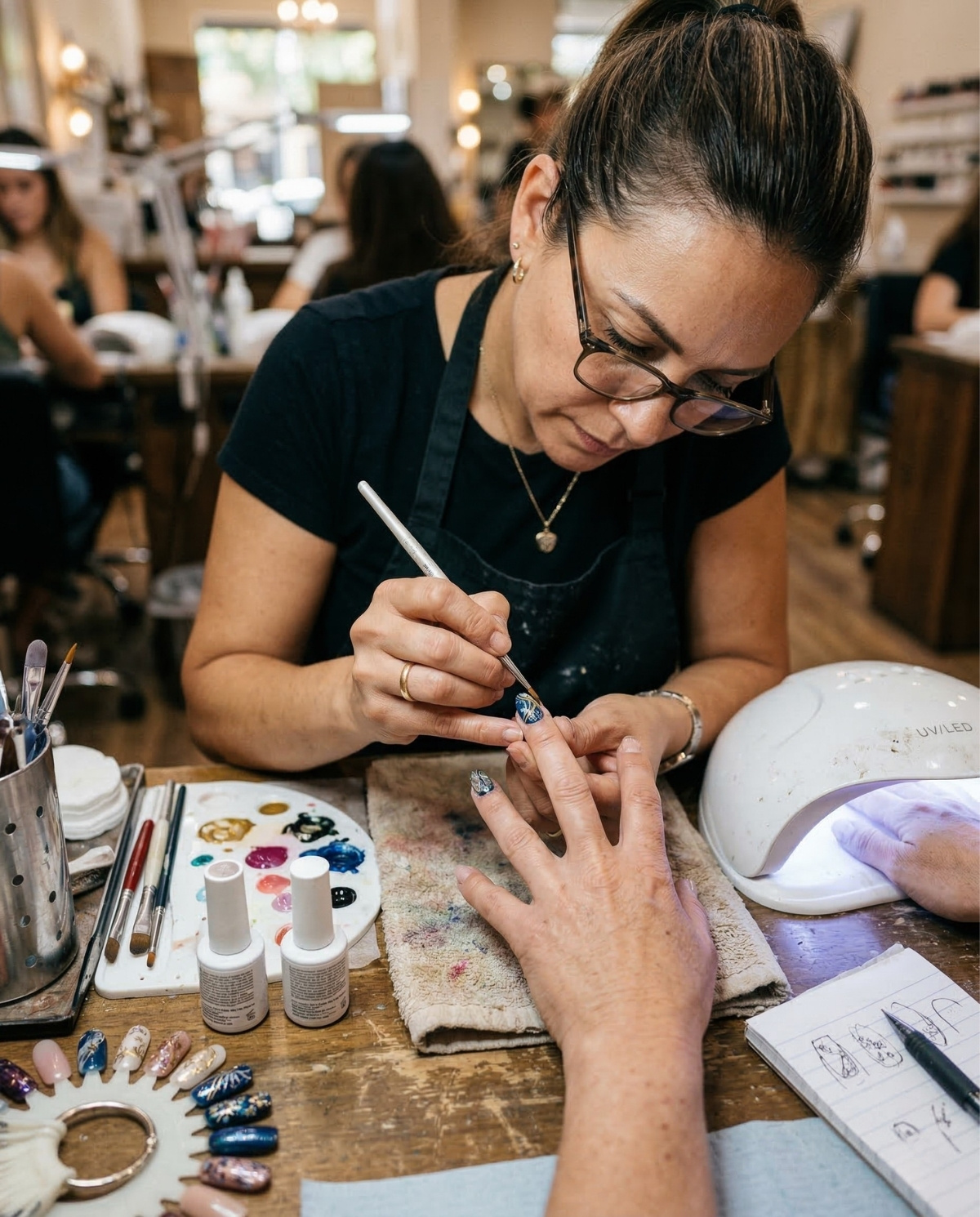 A high-resolution, realistic close-up of a professional nail artist meticulously painting an intricate blue and gold design on a client's nail at a weathered wooden workstation featuring a gel curing lamp and artistic sketches.