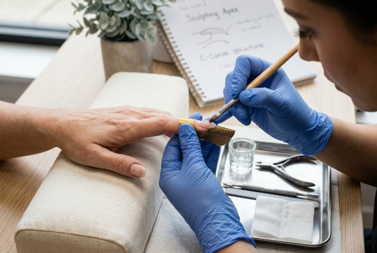 A close up of a nail technician in blue gloves using a brush to apply builder gel over a gold nail form on a client's finger.