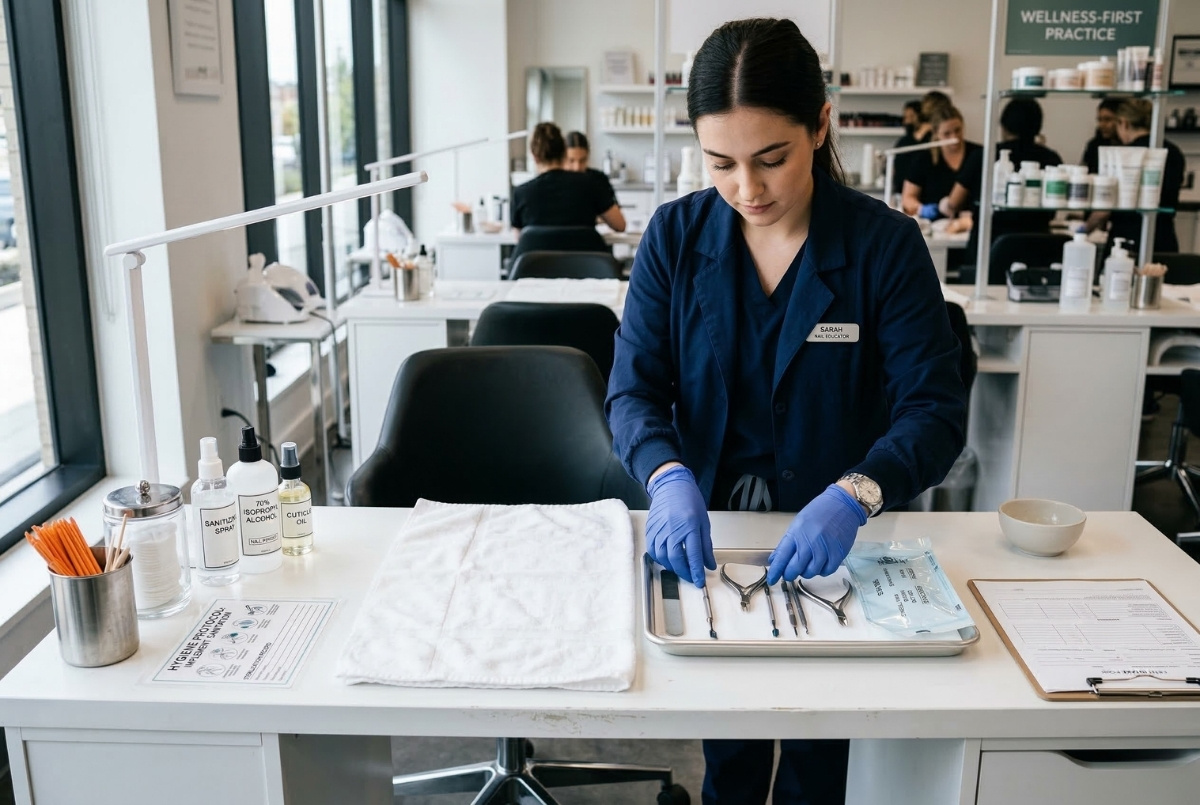 A professional nail technician wearing blue gloves and scrubs, meticulously arranging sanitized metal implements in a stainless steel tray at a clean, modern workstation in a high-end beauty training lab.