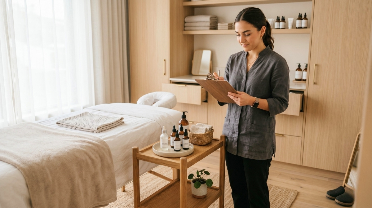 A focused female esthetician in a gray uniform stands in a sunlit spa room while reviewing a client chart on a wooden clipboard.