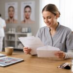 A smiling young female esthetician in grey scrubs opens a white envelope and reads official documents at a desk in a modern beauty school or clinic.