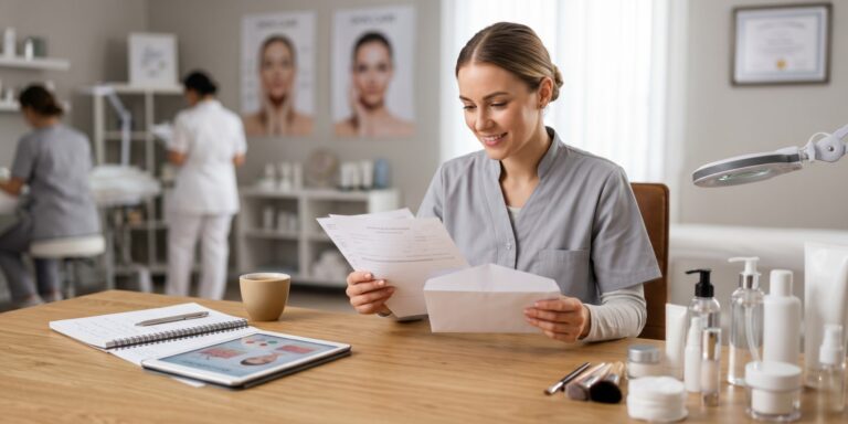 A smiling young female esthetician in grey scrubs opens a white envelope and reads official documents at a desk in a modern beauty school or clinic.