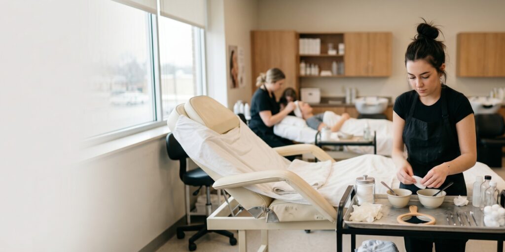 A student wearing a black apron organizes a treatment tray with skincare tools and bowls beside a facial bed in a bright training classroom.