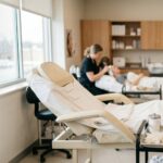 A student wearing a black apron organizes a treatment tray with skincare tools and bowls beside a facial bed in a bright training classroom.