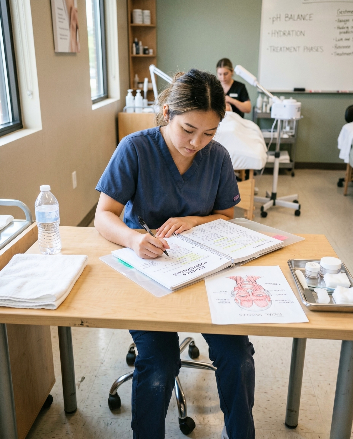 A student in blue scrubs sitting at a training desk while reviewing an anatomy sketch and writing in an open workbook.