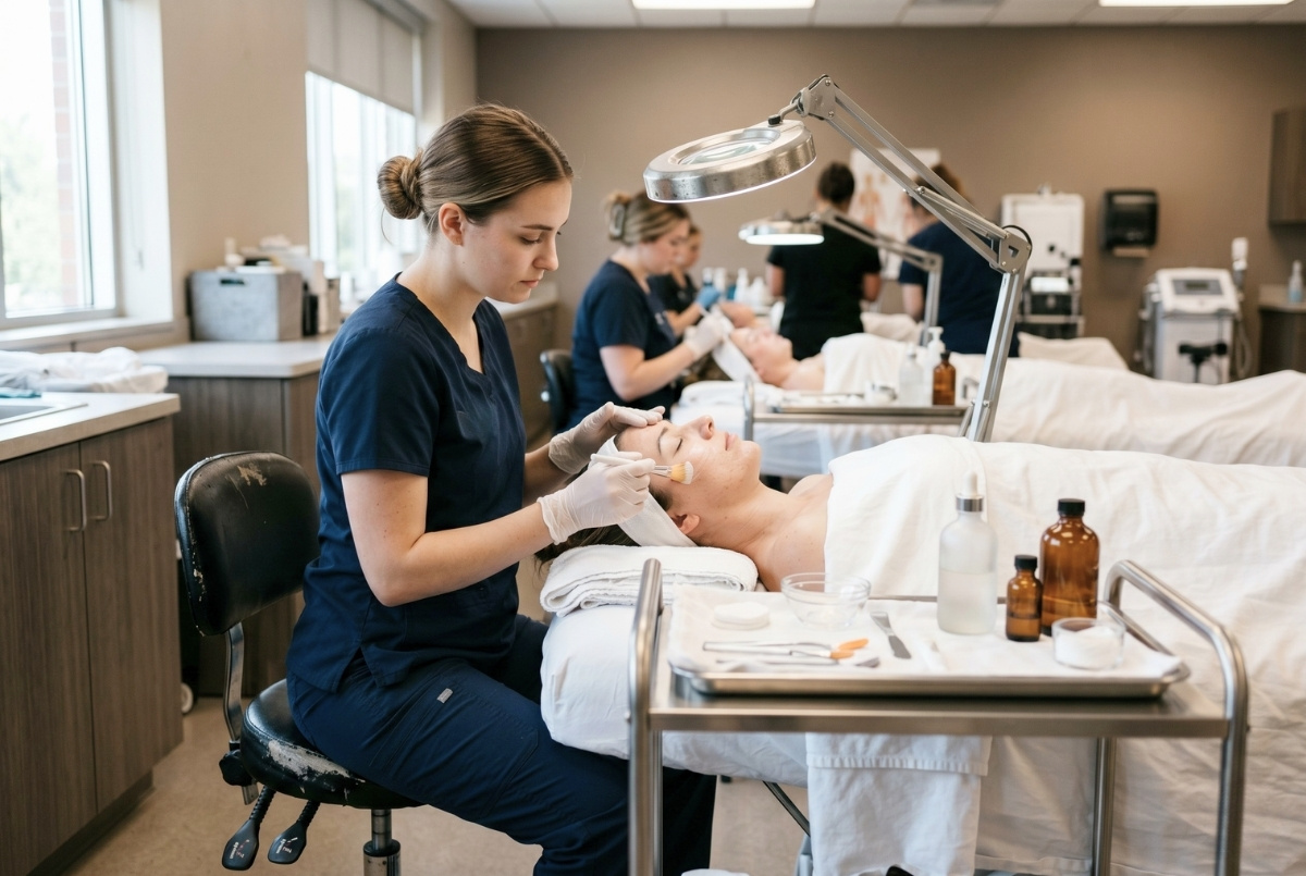 An esthetics student applies a treatment to a client's face using professional tools in a bright training clinic.