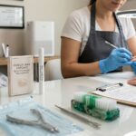 A professional nail technician wearing blue gloves performs a service at a clean workstation featuring sterilized tools and advanced nail aftercare products.