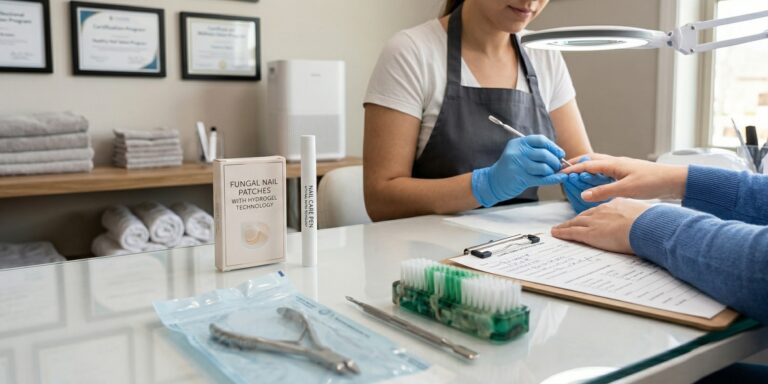 A professional nail technician wearing blue gloves performs a service at a clean workstation featuring sterilized tools and advanced nail aftercare products.
