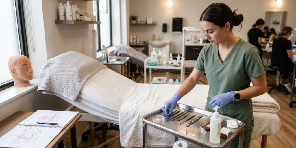 A student in sage scrubs and blue gloves organizes skincare tools on a metal tray next to a treatment bed in a professional training clinic.