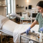 A student in sage scrubs and blue gloves organizes skincare tools on a metal tray next to a treatment bed in a professional training clinic.