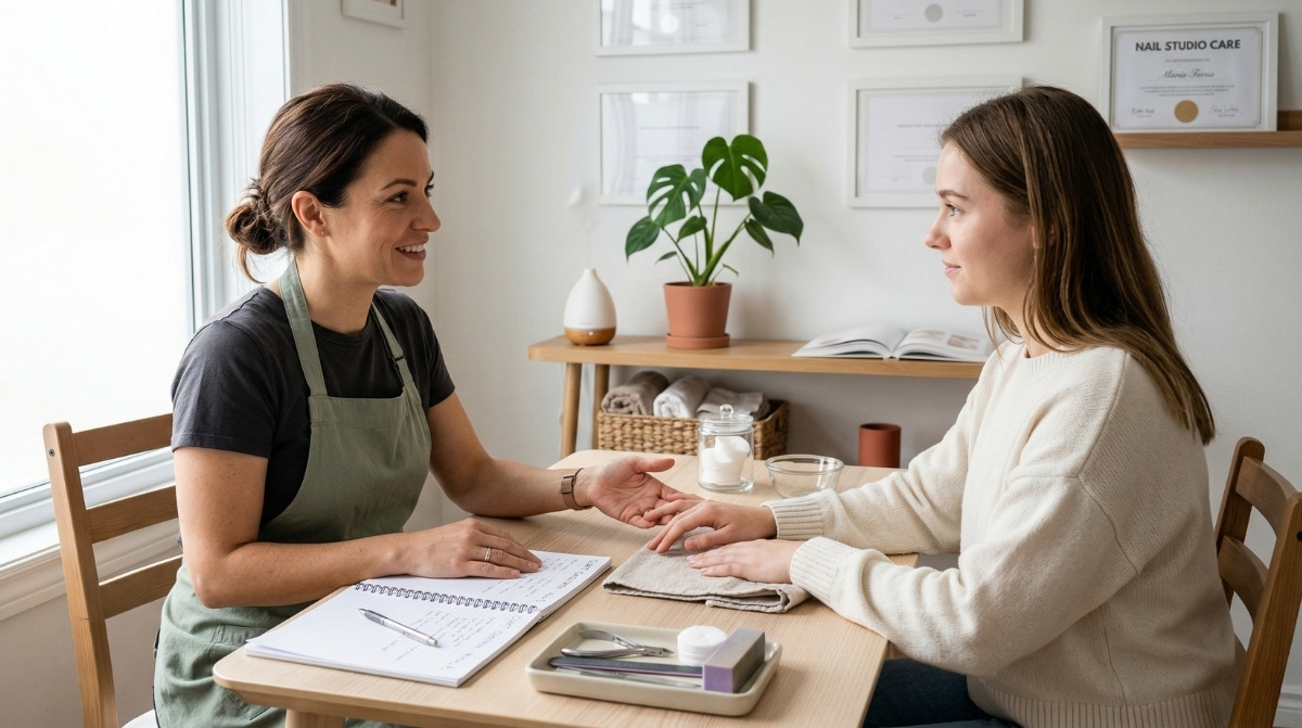 A smiling nail technician in a green apron conducts a consultation with a client at a wooden table in a brightly lit salon. Manicure tools, a notebook, and a pen are on the table, with plants and framed certificates in the background.