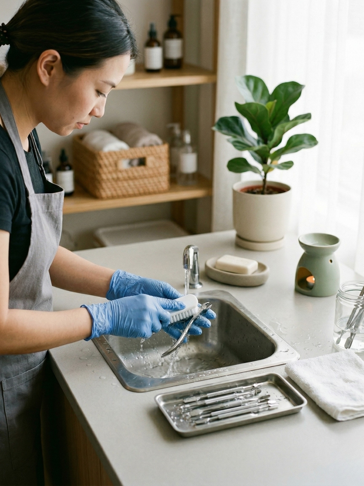 A nail technician wearing blue gloves scrubs metal manicure tools in a small sink at a clean, organized workstation with a plant and white towel.