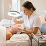 An esthetics student wears a white uniform while examining a client's face under a bright magnifying lamp in a modern training facility.