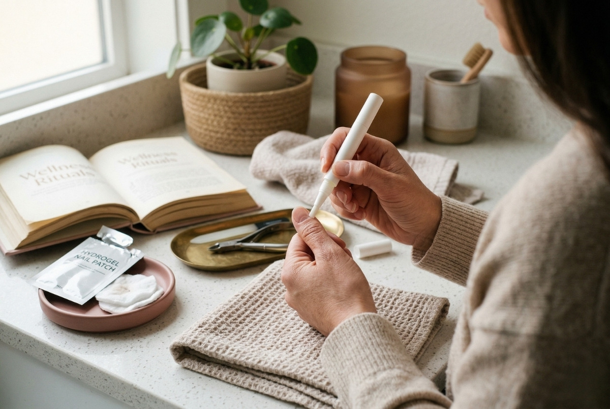 A detailed view of a woman with her back to the camera applying cuticle oil to her natural nails from a white pen-like tube. She is seated at a well-lit textured countertop next to a window with a potted Pilea plant in a basket, an open book titled "Wellness Rituals", a round dish with a hydrogel nail patch packet, cotton pads, a small gold tray with a metal nail tool, and a brown glass jar.