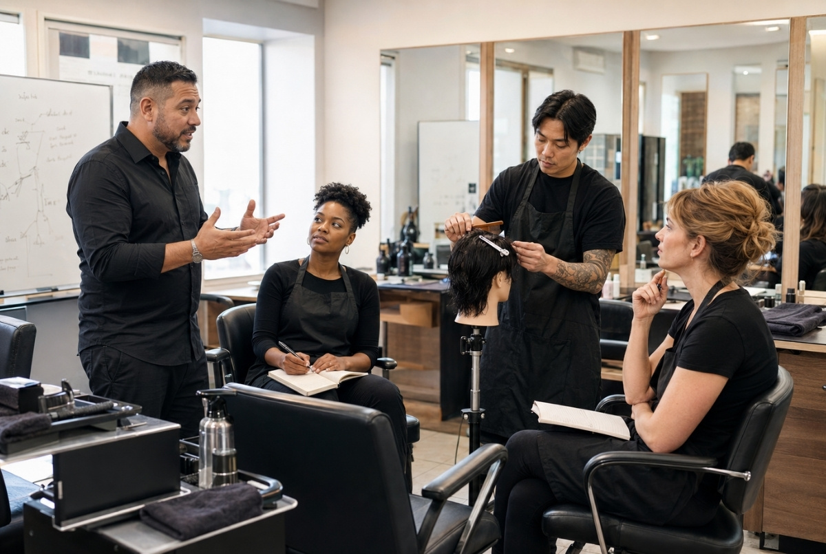 Beauty instructor leading a classroom discussion while adult students observe, take notes, and practice on a mannequin head.