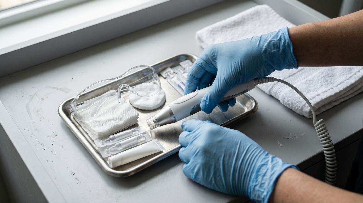 A skincare professional wearing blue gloves handles a specialized facial treatment device over a metal tray containing protective goggles and sterile supplies.