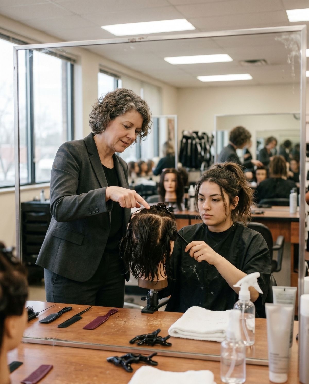An experienced beauty instructor in a grey blazer points at a mannequin head while a focused student practices hair sectioning in a salon classroom.
