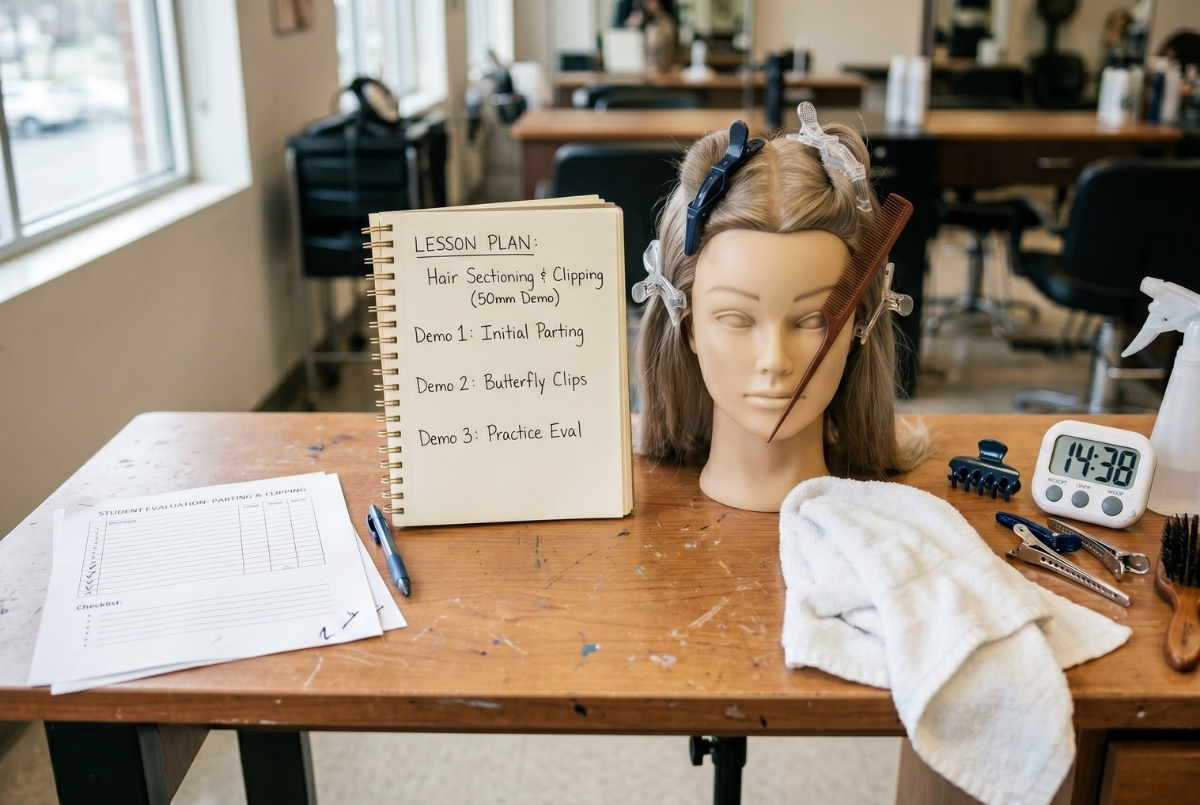 An open lesson plan notebook for hair sectioning sits on a classroom table next to a synthetic mannequin head and student evaluation sheets.