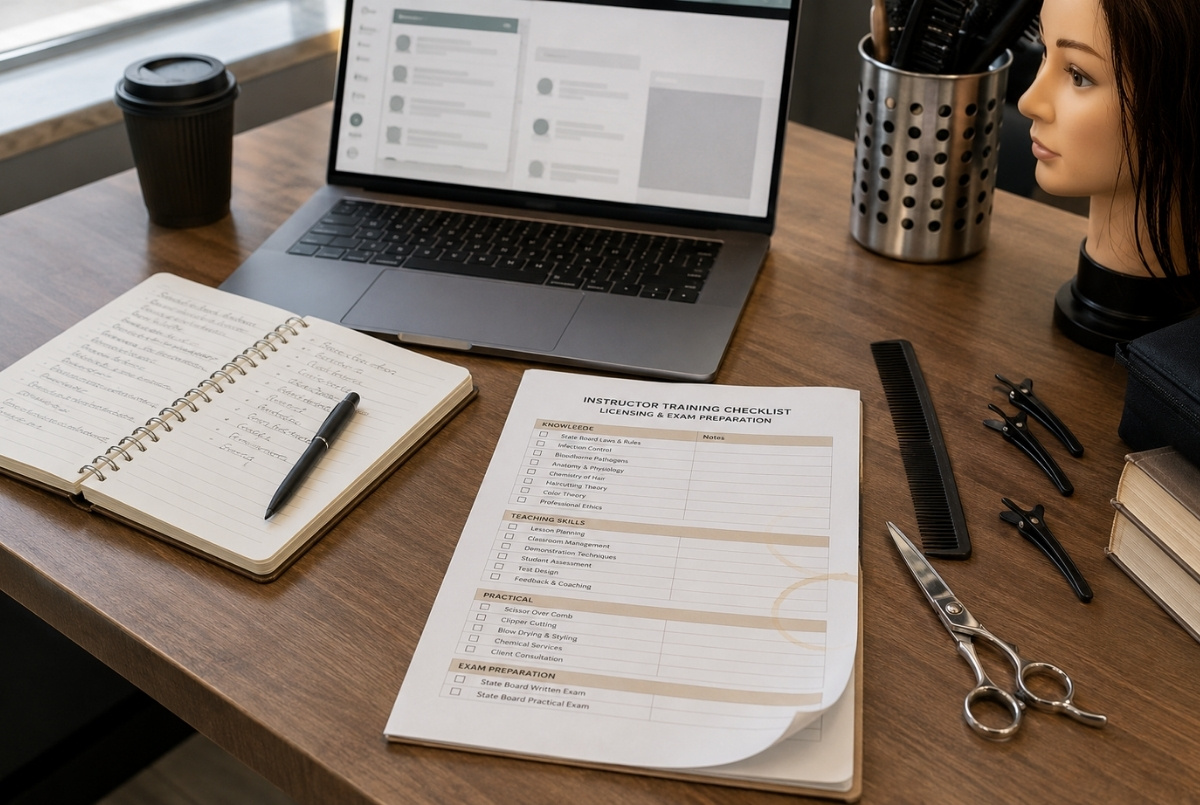Instructor training checklist with cosmetology tools, notebook, laptop, and mannequin head on a classroom desk.