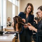 A professional beauty instructor in a navy blazer guides a student during a hair color application on a mannequin head in a modern cosmetology classroom.
