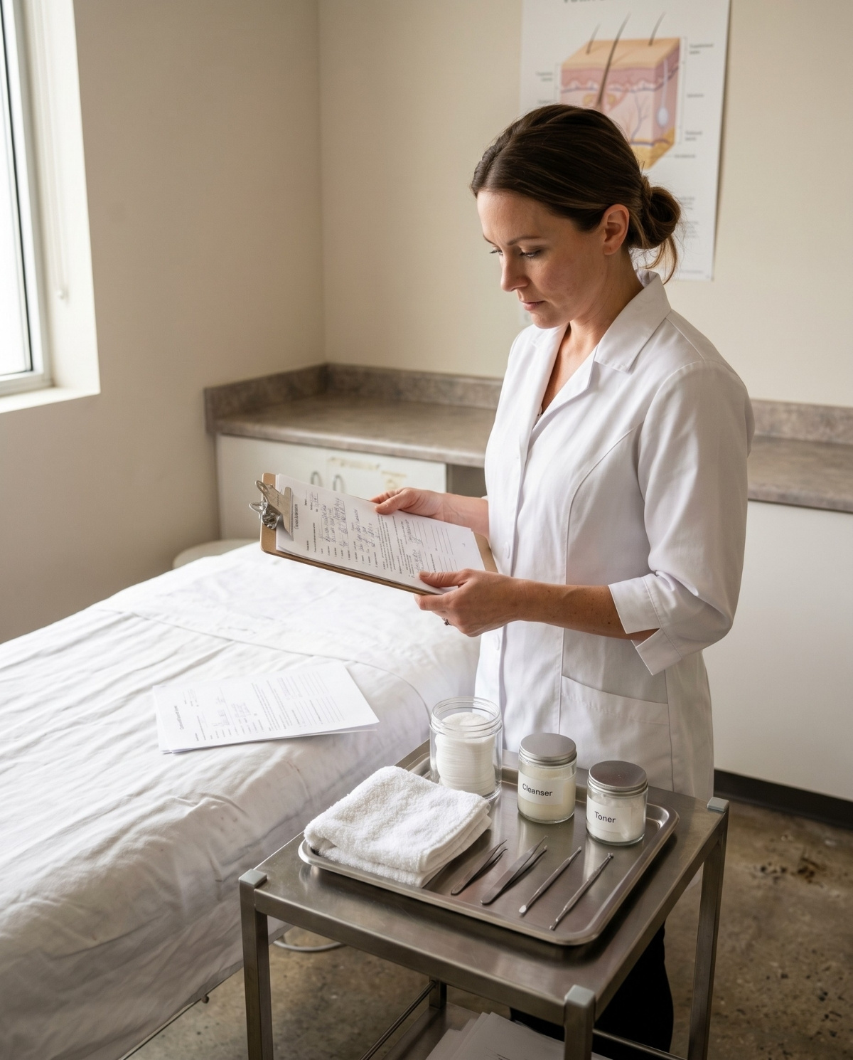 A professional esthetician in a white lab coat stands beside a medical treatment bed in a clean skincare clinic, carefully reading a client's consultation form on a clipboard. In the foreground, a metal cart holds neatly arranged essentials, including fresh towels, cotton pads, glass jars labeled 'Cleanser' and 'Toner', and stainless steel extraction tools. An anatomical skin structure chart hangs on the wall in the background, near a window.
