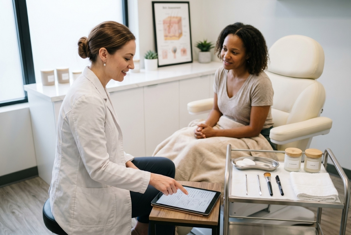 A skincare professional in a white coat points to a digital consultation form on a tablet while discussing treatment plans with a client in a modern treatment chair.