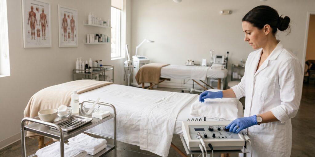 A focused skincare professional in a white coat and gloves adjusts an advanced facial device next to a prepared treatment bed.
