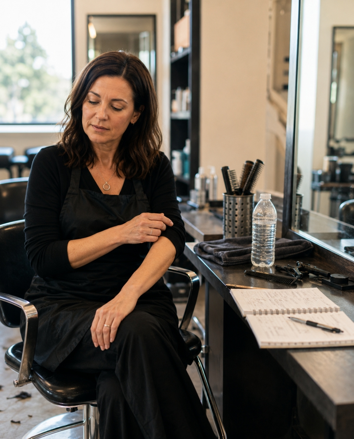 Beauty professional resting her wrist beside salon tools after a long day at a styling station.