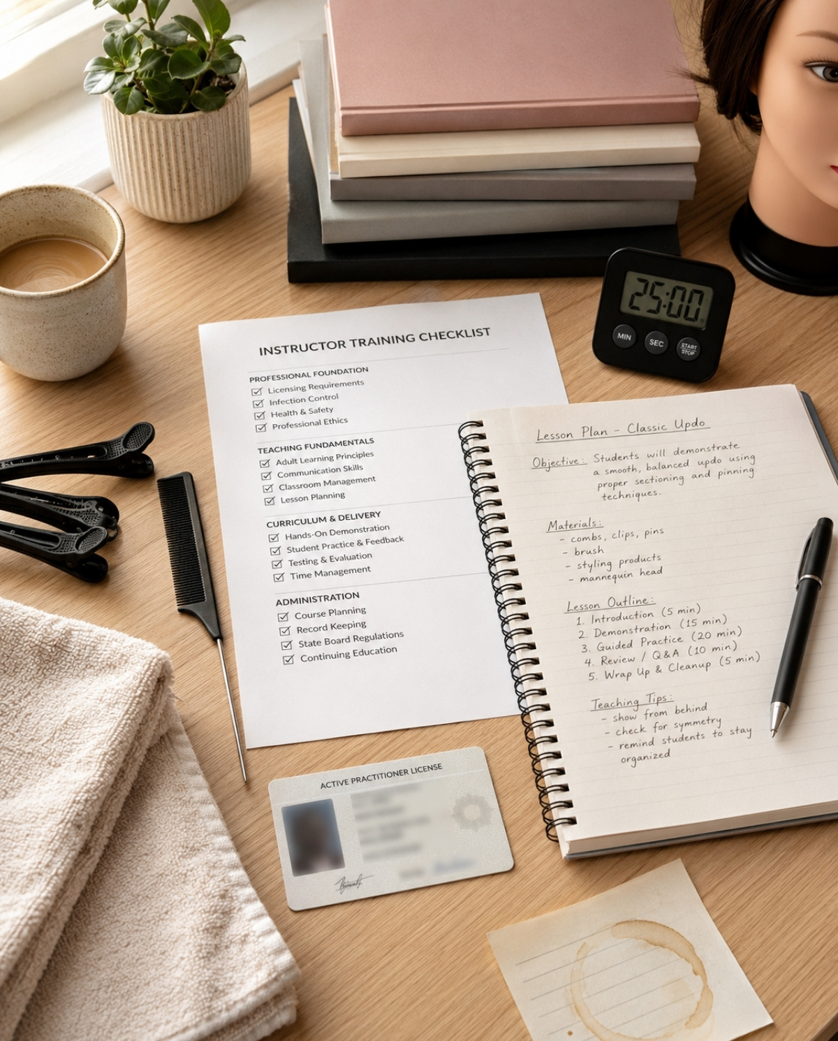 Beauty instructor training checklist, handwritten lesson plan, practitioner license card, timer, comb, sectioning clips, towel, and mannequin head arranged on a classroom preparation desk.