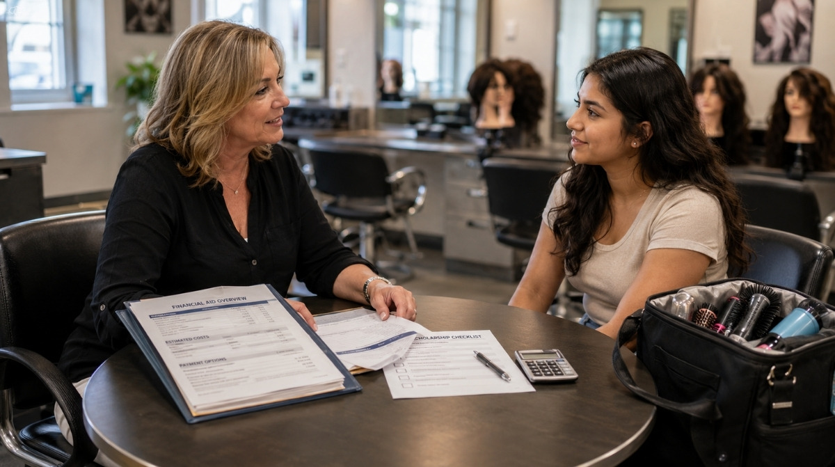 A financial aid advisor speaks with a prospective beauty school student about scholarships, payment options, and program costs in a salon classroom.