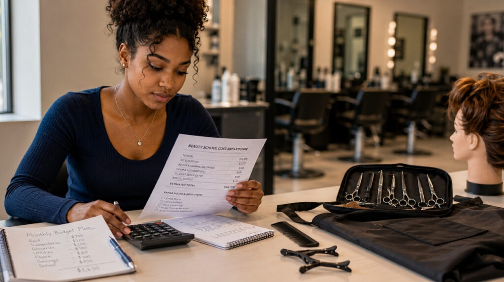 A beauty school student reviews a cost breakdown, FAFSA notes, calculator, and cosmetology tools while planning tuition and supplies in a salon classroom setting.