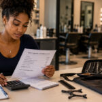 A beauty school student reviews a cost breakdown, FAFSA notes, calculator, and cosmetology tools while planning tuition and supplies in a salon classroom setting.
