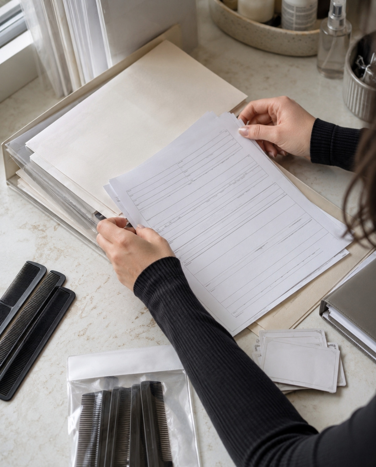 A beauty student organizes blank state board forms, school record folders, documentation placeholders, and sanitized combs on a clean training table.