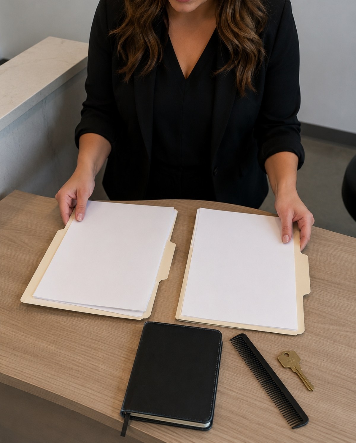 Person compares two blank folders on a salon reception desk with a closed appointment book, comb, and key to show ownership versus licensing.