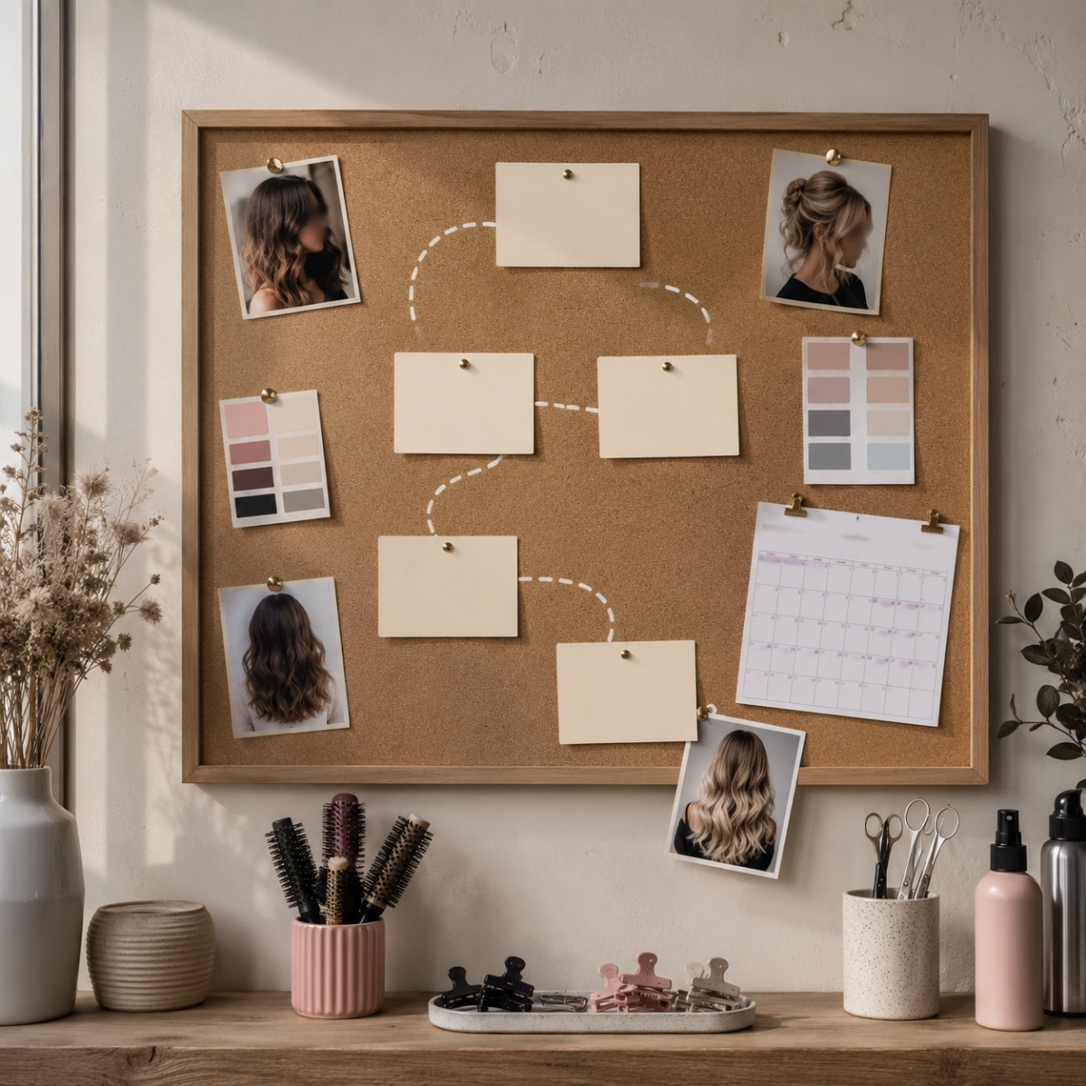 A blank salon career planning corkboard with pinned cards, hairstyle photos, color swatches, a blurred calendar, clips, brushes, and styling tools.
