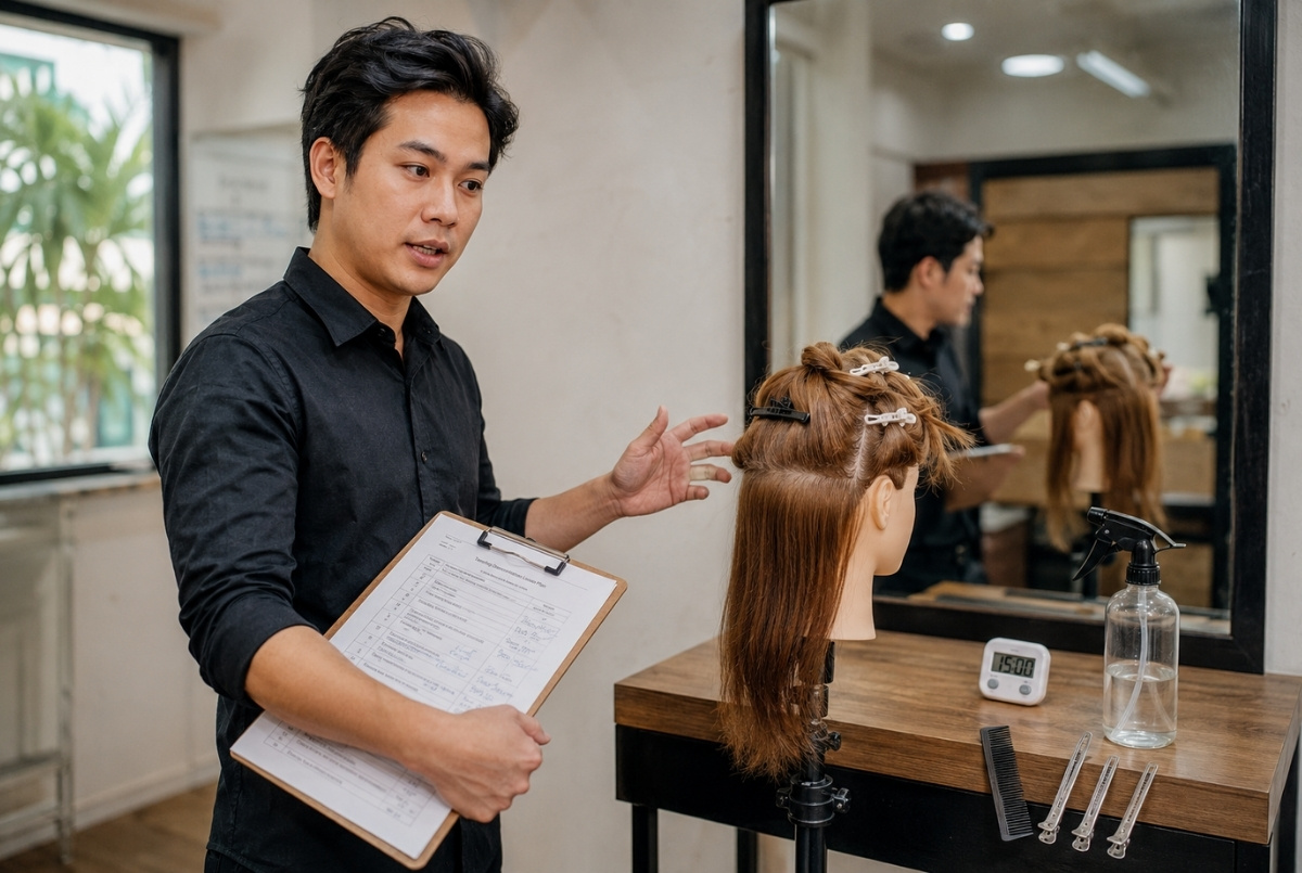 Cosmetology instructor practicing a teaching demonstration with a sectioned mannequin head, clipboard lesson plan, timer, comb, clips, and spray bottle at a salon classroom station.