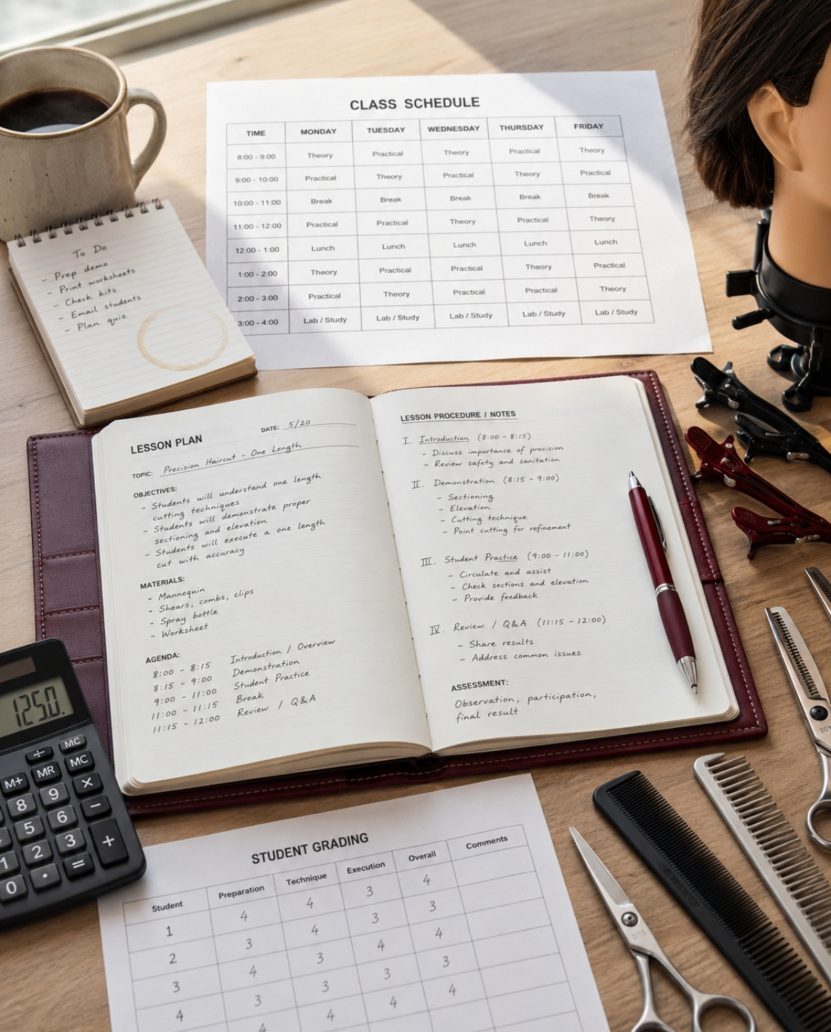 Cosmetology instructor planning desk with lesson plan notebook, class schedule, grading sheet, calculator, mannequin head, combs, shears, clips, and coffee.