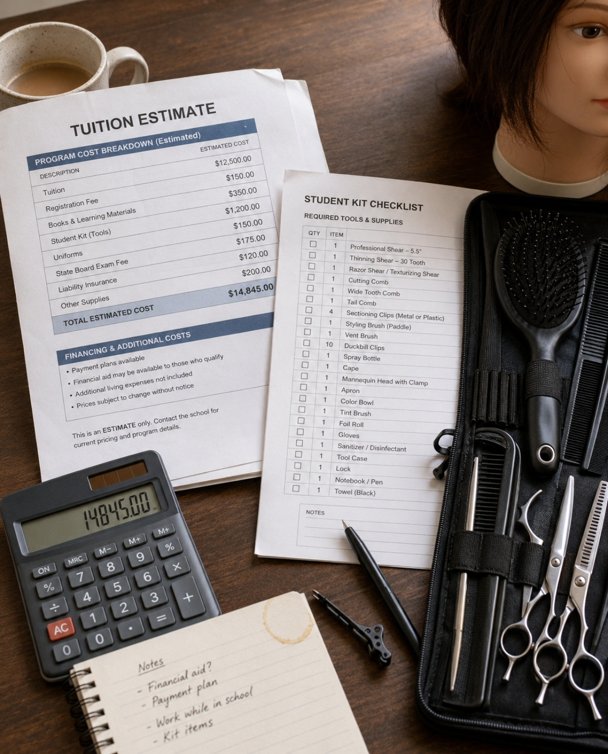 A tuition estimate, student kit checklist, calculator, notebook, mannequin head, and cosmetology tools arranged on a desk for beauty school budgeting.