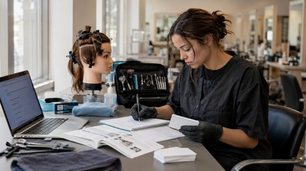 Cosmetology student studying written exam questions while preparing a mannequin head, tools, towels, gloves, and practical kit in a salon training room.