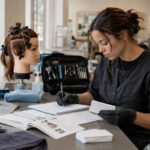 Cosmetology student studying written exam questions while preparing a mannequin head, tools, towels, gloves, and practical kit in a salon training room.