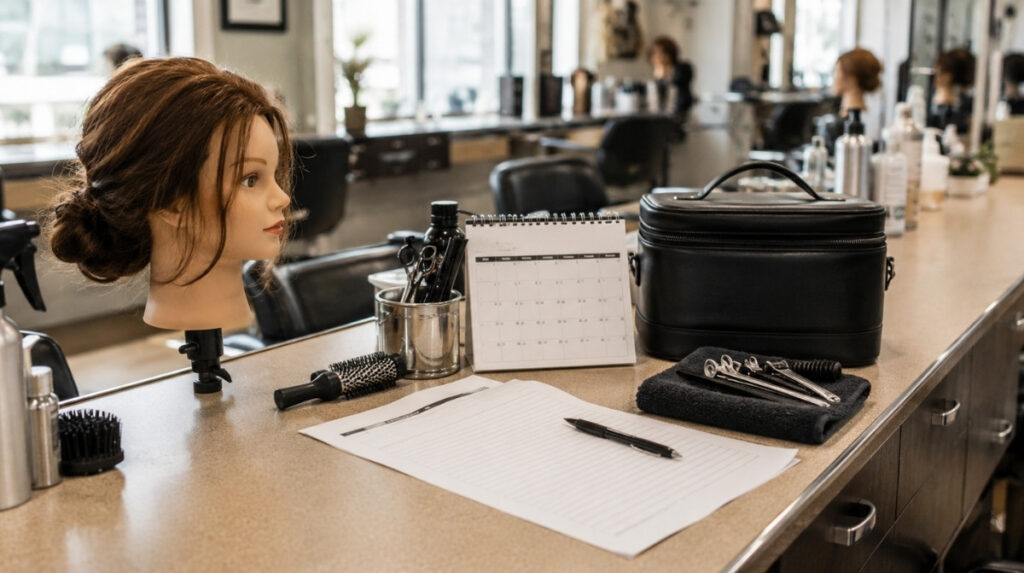 A beauty school salon station with a mannequin head, blank exam sheet, renewal calendar, clean tools, and travel case arranged for cosmetology licensing preparation.